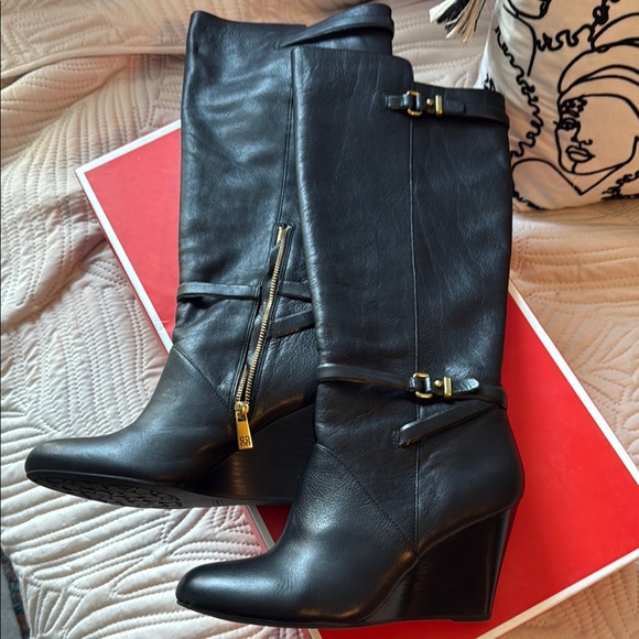 Coach Black Wedge Leather Boots - Picture 1 of 4